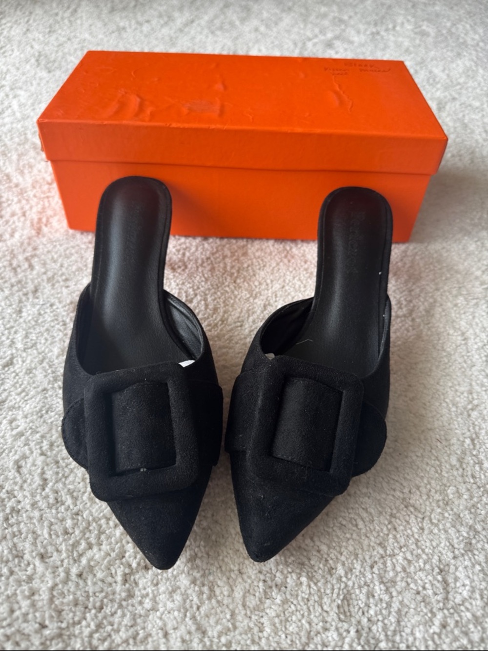 Fericzot Black Pointed-Toe Slip-On Mules with Buckle